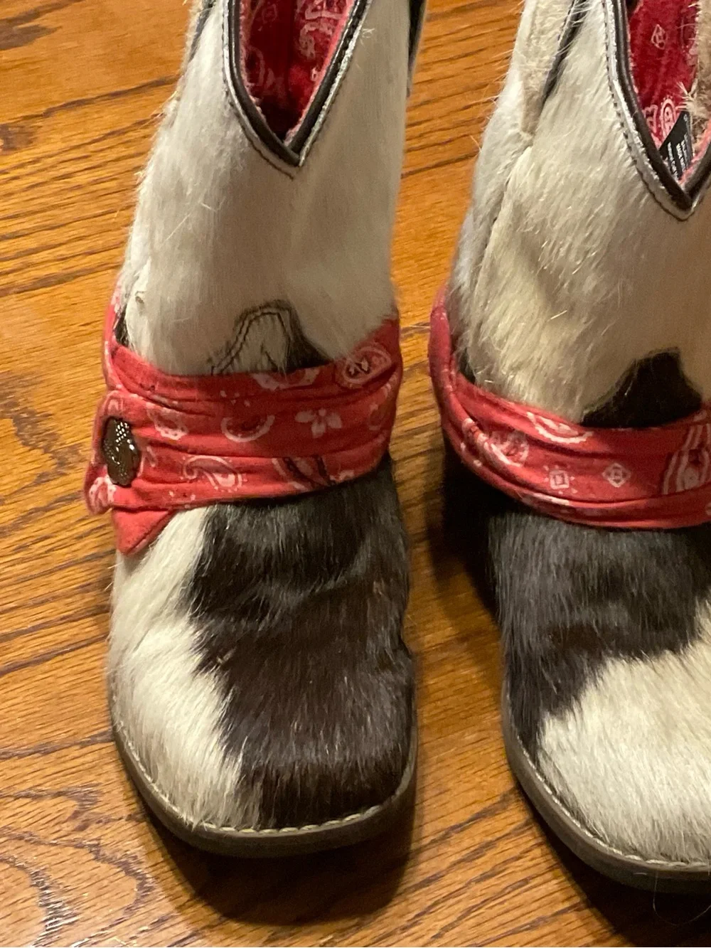 Dan Post Kids Black & White Haircalf Cowboy Boots with Red Bandana Trim